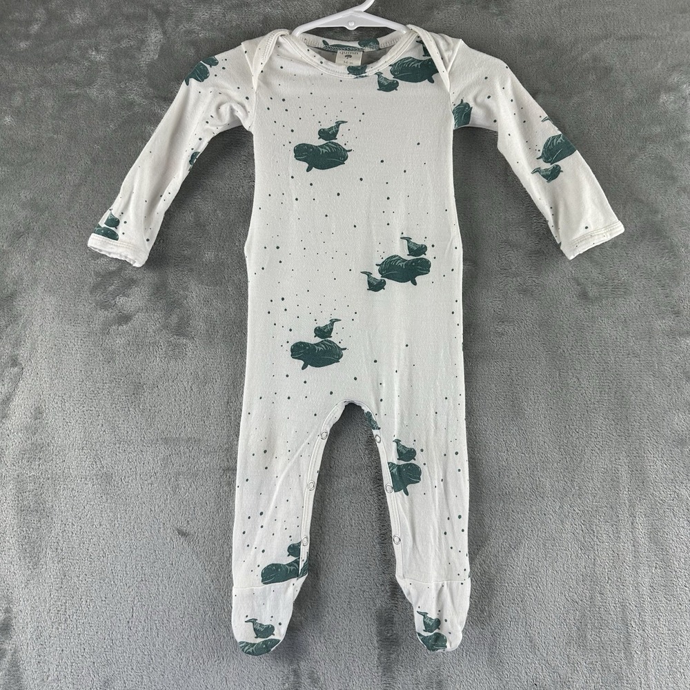 Kate Quinn Bamboo Romper Sleeper Pajamas White Blue Whales 3-6 Months
